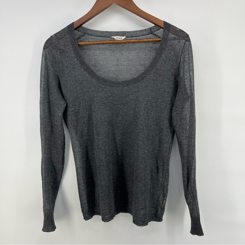 Fossil Womens Charcoal Gray Scoop Neck Long Sleeve Knit Mesh Sweater Size Small